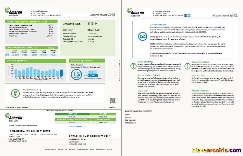 USA Ameren Missouri utility bill, 2 pages
